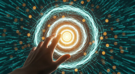 A human hand gently touching a glowing light form made up of concentric rings of light and particles on dark background, symbolizing the future and modern technology.