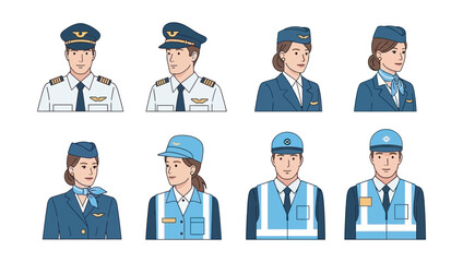Airport and Airline Staff Cartoon Characters Set: Pilots, Flight Attendants, and Ground Crew Uniform Avatars © MacKenzie