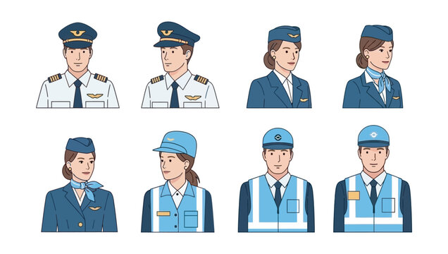 Airport and Airline Staff Cartoon Characters Set: Pilots, Flight Attendants, and Ground Crew Uniform Avatars