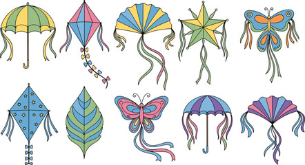 Obraz premium Whimsical kite illustration set with colorful shapes, ribbons, and patterns for festive, recreational, and decorative design themes