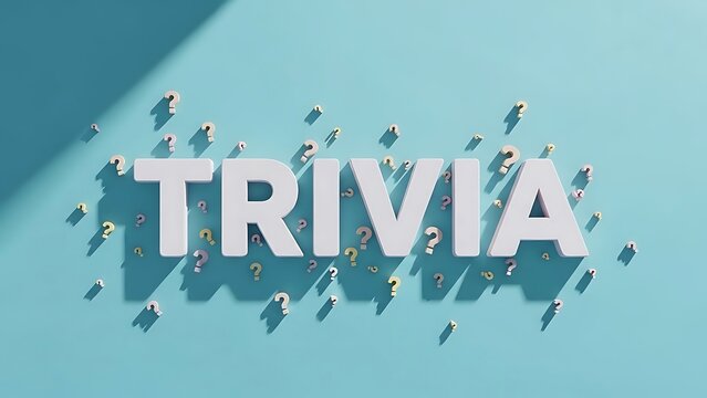 A minimalist 3D design featuring oversized “TRIVIA” letters casting soft shadows, surrounded by tiny floating question particles on a pastel retro blue background.  - Powered by Adobe