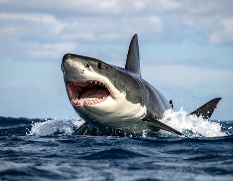 Large marine predator, open mouth, breaching ocean surface