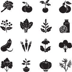 Black vegetable icons showcasing diverse healthy food elements in silhouette style silhouette black and white 