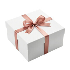 White square gift box with rose gold satin ribbon bow