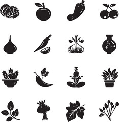Black vegetable icons showcasing diverse healthy food elements in silhouette style silhouette black and white 