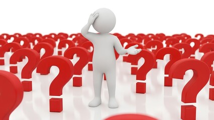 A confused 3D figure surrounded by a sea of red question marks, illustrating the overwhelming feeling of uncertainty, the need for answers, and complex decision-making