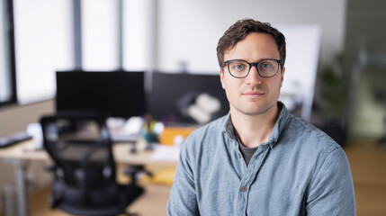 オフィスで働く眼鏡の若い男性ビジネスマンのポートレート