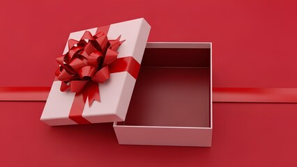 An empty, opened gift box with a red ribbon and bow, symbolizing anticipation and the act of giving, set against a solid red background