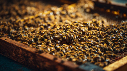 Dense Colony of Honeybees Covering a Honeycomb Frame in a Beehive