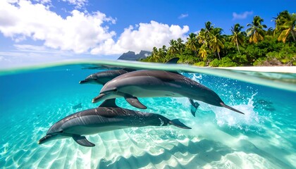 Three dolphins leap in tropical waters near a white sandy beach