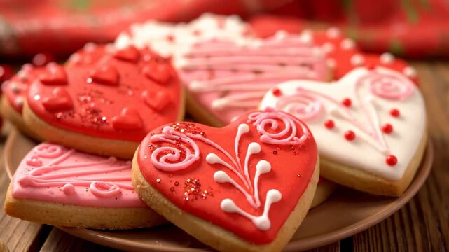 Heart-shaped cookies with icing and sprinkles on a wooden surface.