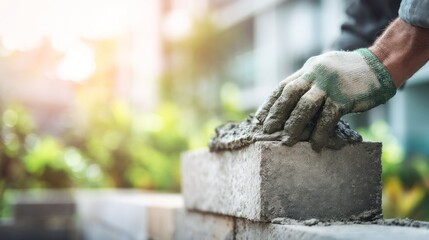 Bricklayer hand applying cement to brick