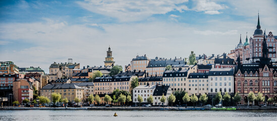 Stockholm Sweden panoramic view downtown and Gamla Stan Old Town over calm water