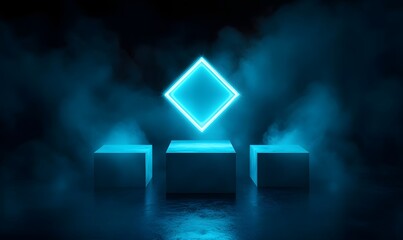 A futuristic neon glowing diamond above three pedestals in a smoky blue environment