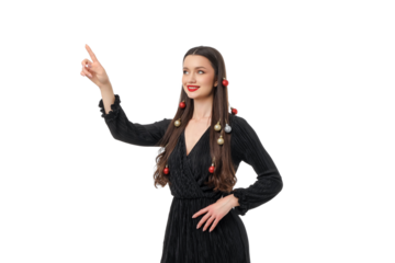 Woman with ornamented hair points up, isolated, PNG