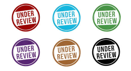 Collection of six grunge-style circular rubber stamps featuring the text "Under Review" in various colors on a transparent background