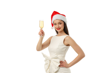 Woman in a red Santa hat holds a champagne glass, isolated, PNG