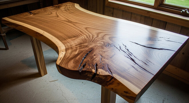 Beautifully crafted wooden table with unique natural edge and grain