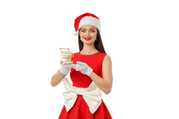 Woman in a red dress with a Santa hat holds a cart, isolated, PNG