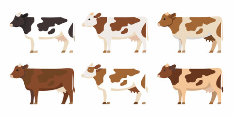 A collection of cartoon cows in various brown and black and white shades