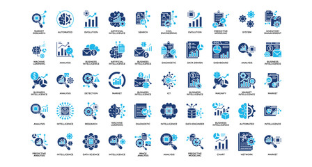 Business Intelligence icon set collection. Containing statistics, evolution, increase, progress, intelligence, report, brain .Solid vector icons collection