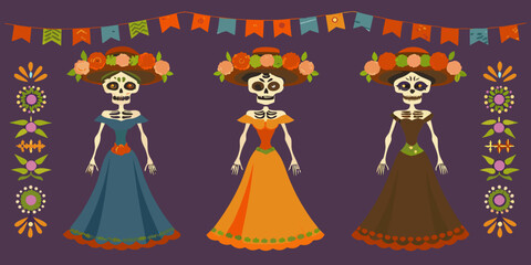 Three elegant calavera women in colorful dresses with festive decorations