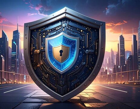 Large, metallic shield with circuits, protecting a cityscape at sunset - Powered by Adobe