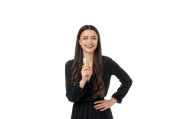 Woman in black dress smiles with microphone, isolated, PNG