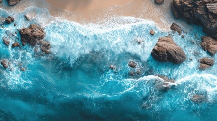 Aerial View of Turquoise Ocean Waves Crashing on Rocky Shoreline with Sandy Beach Under Bright Sunlight