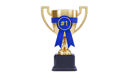 Gold Trophy with Blue Ribbon Celebrating First Place