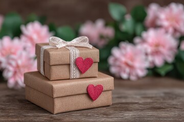 Two rustic gift boxes adorned with red hearts and ribbon rest on a wooden table, with a soft focus of pink flowers in the background, creating a romantic and elegant mood.