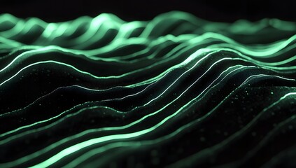 An abstract digital landscape featuring glowing green wave patterns on a dark background