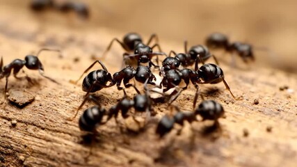 Ants carrying food across a log, working together for the colony