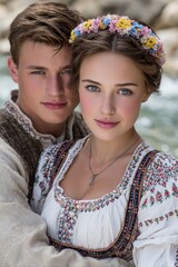 A young man and woman wearing embroidered folk costumes and floral accessories pose closely together with calm, romantic expressions in a natural outdoor setting.