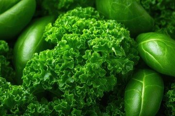 Vibrant green kale and basil leaves are shown in a close up, highlighting their freshness and texture, ideal for healthy eating and clean food backgrounds.