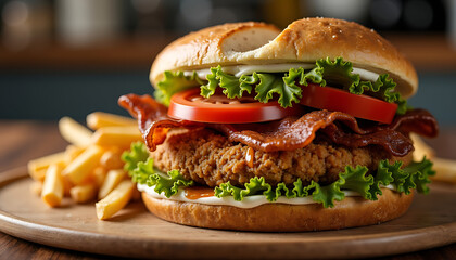 Crispy Chicken Bacon Burger with Lettuce, Tomato and French Fries