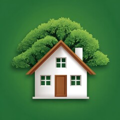 Stylized eco-friendly house with a lush green tree behind, depicted in a modern paper cut style, ideal for concepts of sustainability, home, and nature.