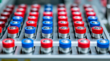 Fototapeta premium Rows of colorful vials arranged in a laboratory setting.