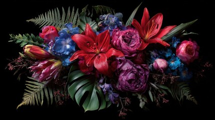 An elegant floral display featuring red, blue, and pink flowers on black.