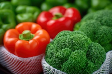 Close-up view of fresh green broccoli and colorful bell peppers in net bags, showcasing vibrant colors and a healthy, natural food concept ideal for nutrition-focused themes.