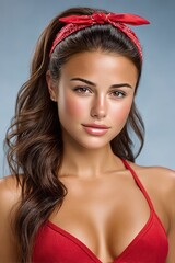 A confident young woman with long brunette hair, wearing a red headband and top, smiles softly in a modern studio portrait with a blue background, exuding vibrance and style.