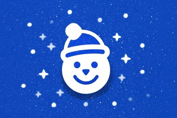 A cheerful snowman icon wearing a hat is surrounded by snow and stars on a vibrant blue winter background, perfect for holiday and seasonal designs.