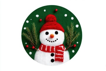 A cheerful snowman with a red hat and scarf smiles warmly, surrounded by pine branches and snow on a textured green background, evoking a joyful holiday mood.