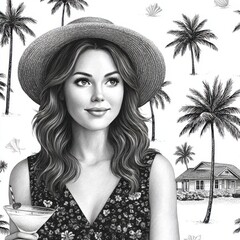 A cheerful young woman in a straw hat enjoys a cocktail in a detailed black and white tropical sketch with palm trees and a beach house, evoking a relaxed vacation mood.