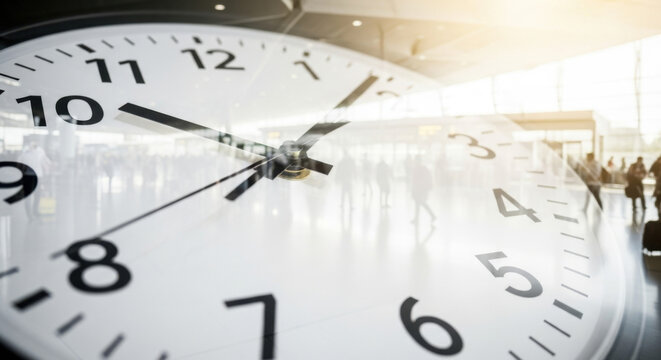 An oversized clock face is overlayed onto an airport terminal bustling with people and bathed in sunlight through large windows, suggesting themes of travel time and urgency.