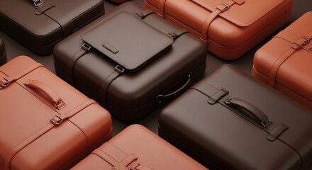 Isometric Pattern of Luxurious Vintage Leather Suitcases in Alternating Dark Brown and Cognac Colors, High-End Travel and Business Background