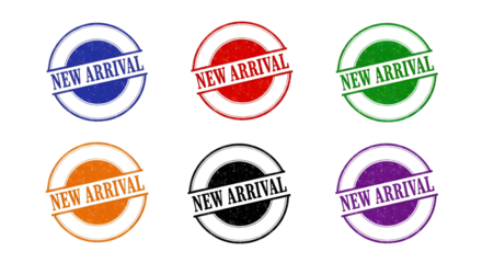 Collection of six grunge rubber stamps featuring the text "New Arrival" in various colors on a transparent background