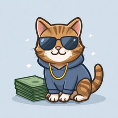 A stylish cartoon cat wearing a hoodie, sunglasses, and gold chain sits confidently beside a stack of money, radiating playful and trendy vibes on a light background.