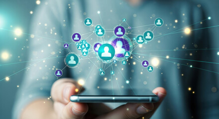 A person holds a smartphone displaying network connection icons, set against a soft light gray background, emphasizing digital communication and global connectivity.