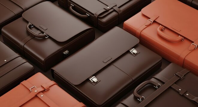Close-up Grid of Luxurious Dark Brown and Cognac Leather Briefcases, Professional Business Bags Pattern Background